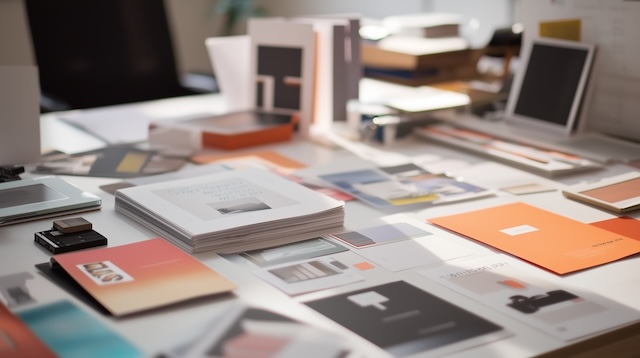 Marketing brochures and collateral on a desk